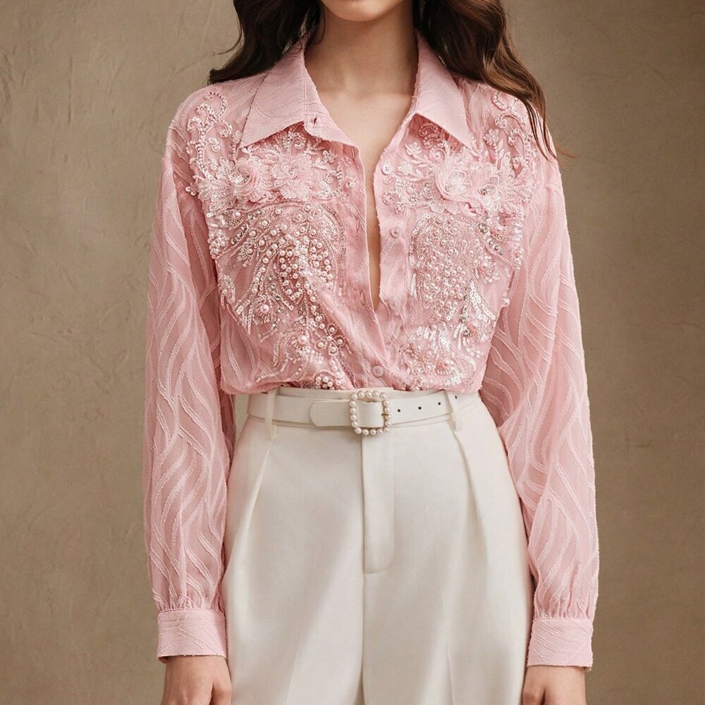 Baby Pink Elegant Women's French Beaded Floral Casual Long Sleeve Sheer Textured - Picture 5 of 8